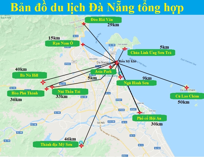 Bản đồ du lịch Đà Nẵng với khoảng cách các địa điểm tham quan.